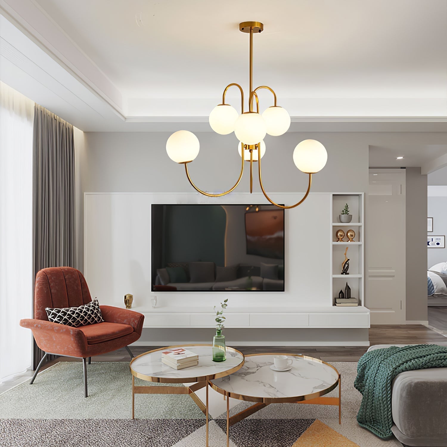 Auruaria Chandelier Brass Globe Cluster Curved Arm