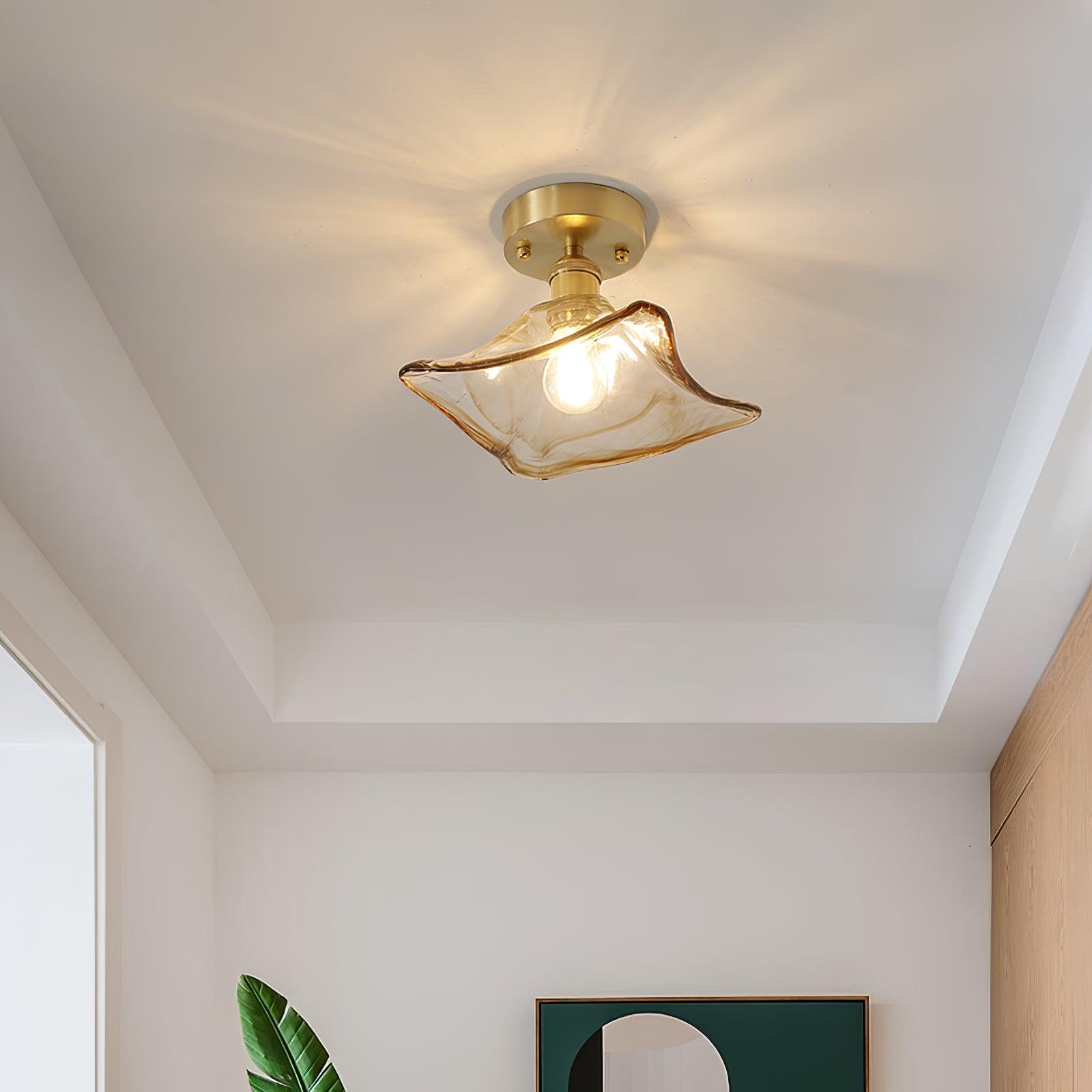 Ceiling Light Amber Swirl Glass Shade Brass Vintage Industrial - Neutral Decor