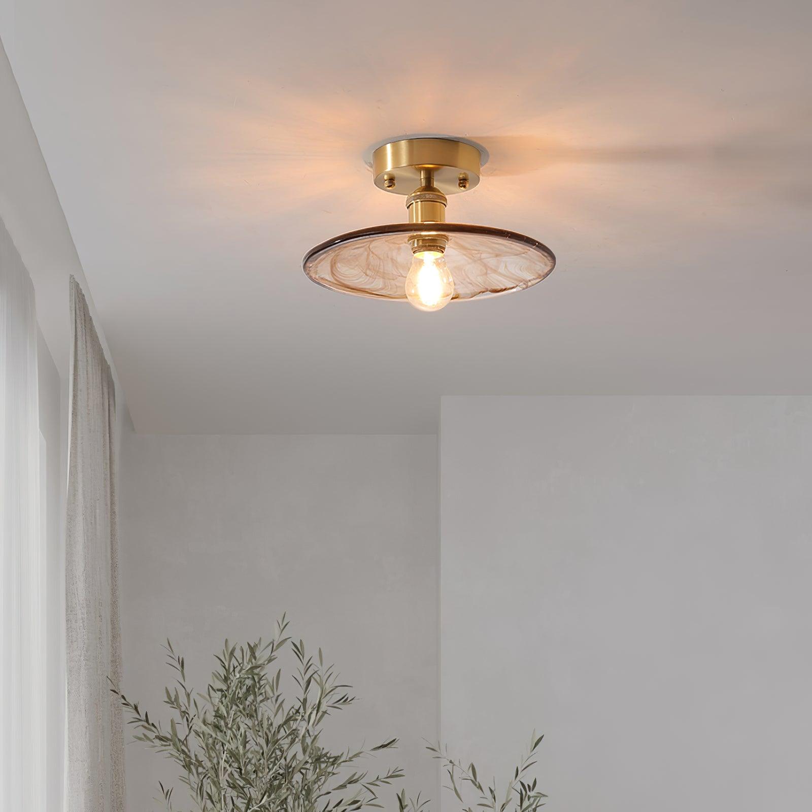Ceiling Light Amber Swirl Glass Shade Brass Vintage Industrial - Neutral Decor