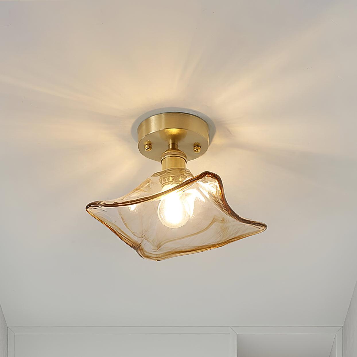 Ceiling Light Amber Swirl Glass Shade Brass Vintage Industrial - Neutral Decor