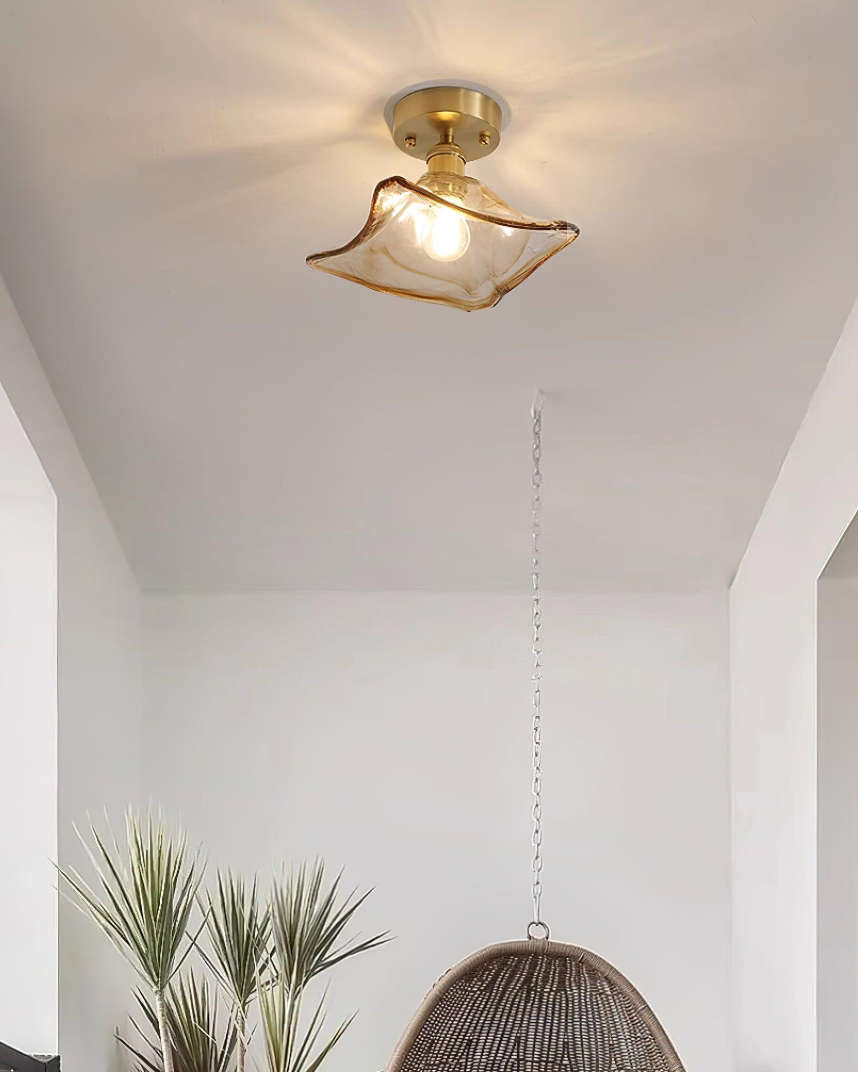Ceiling Light Amber Swirl Glass Shade Brass Vintage Industrial - Neutral Decor