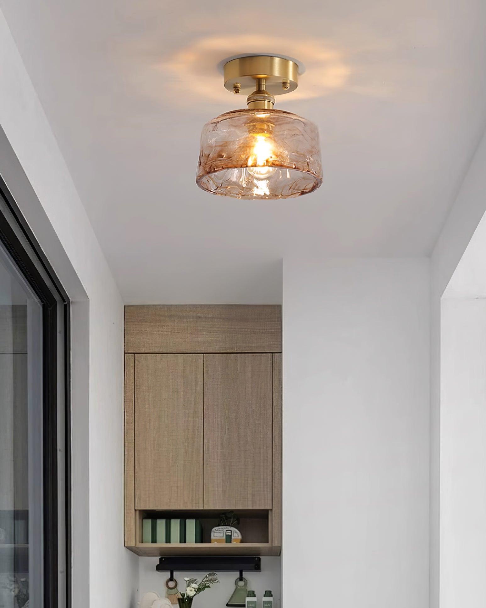 Ceiling Light Amber Swirl Glass Shade Brass Vintage Industrial - Neutral Decor
