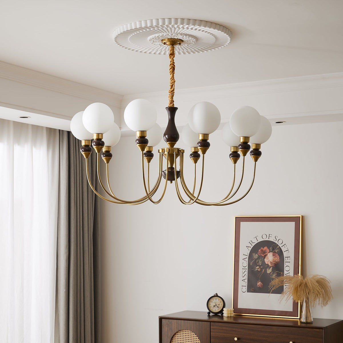 Eiruella Chandelier Brass Arms Frosted Glass Globes