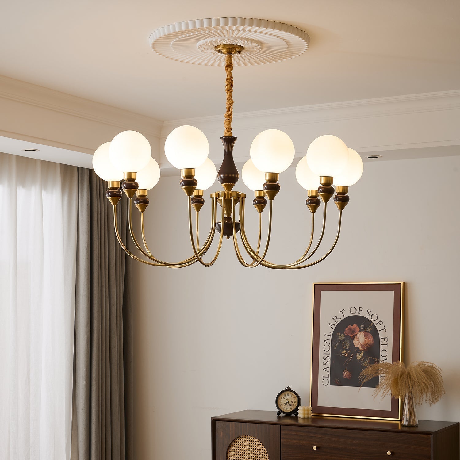 Eiruella Chandelier Brass Arms Frosted Glass Globes
