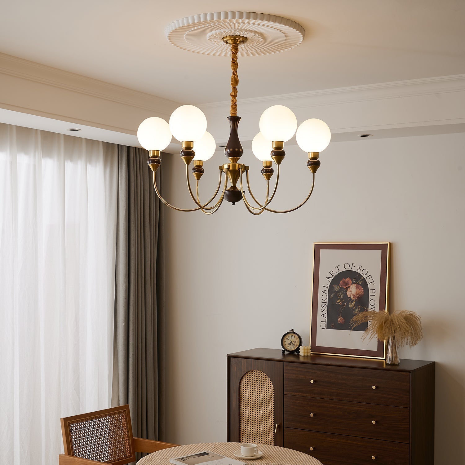 Eiruella Chandelier Brass Arms Frosted Glass Globes