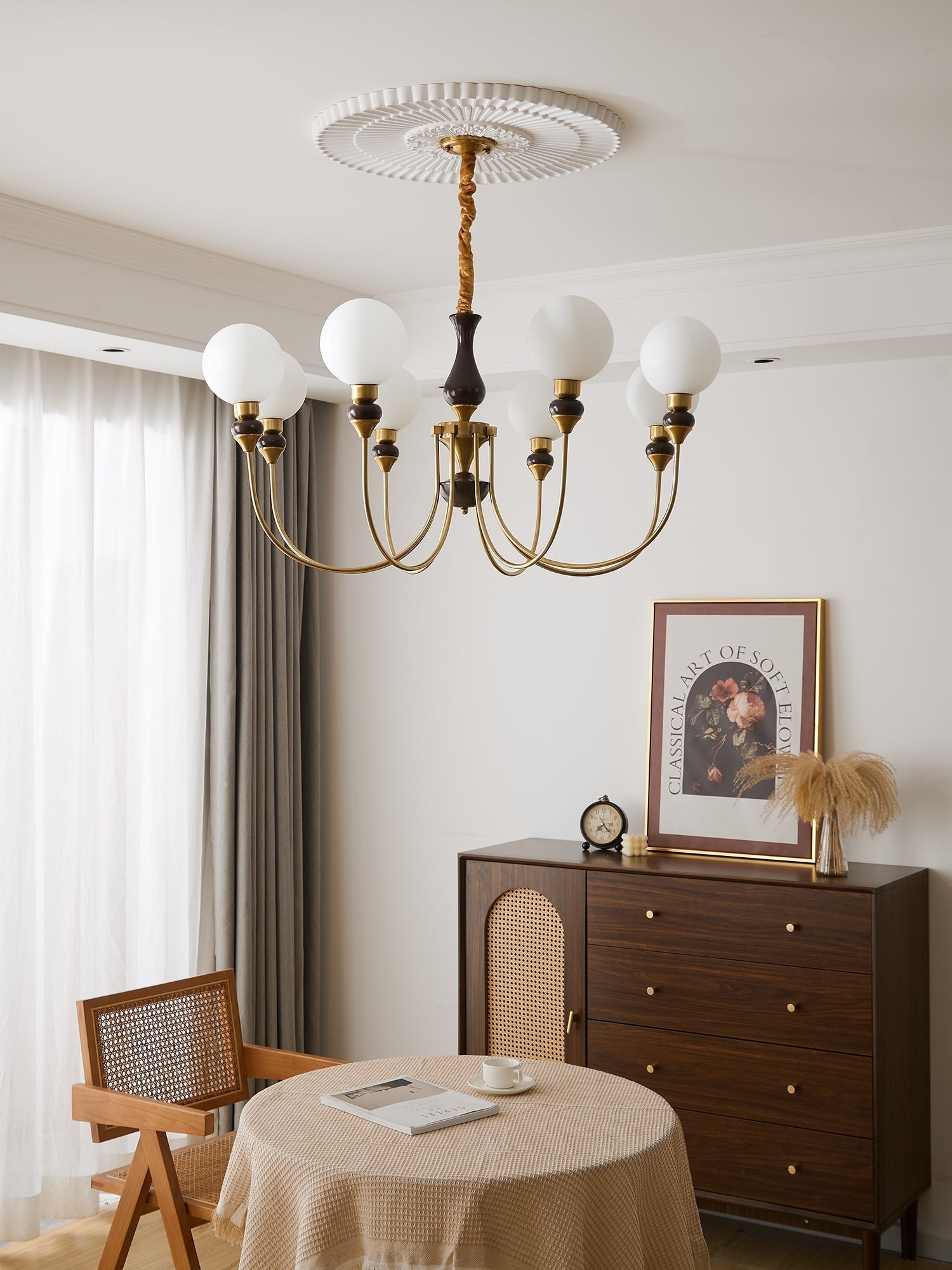 Eiruella Chandelier Brass Arms Frosted Glass Globes