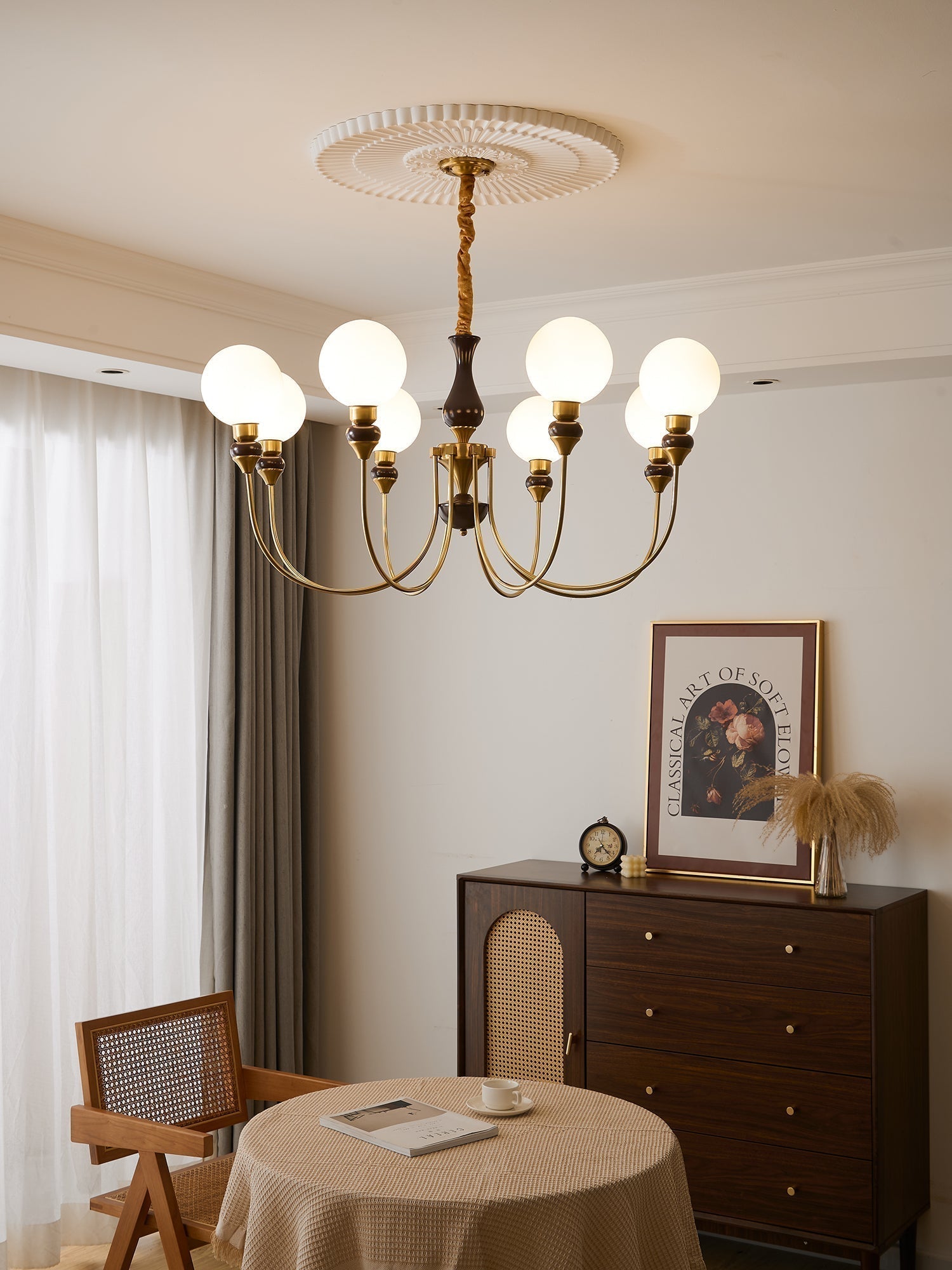 Eiruella Chandelier Brass Arms Frosted Glass Globes