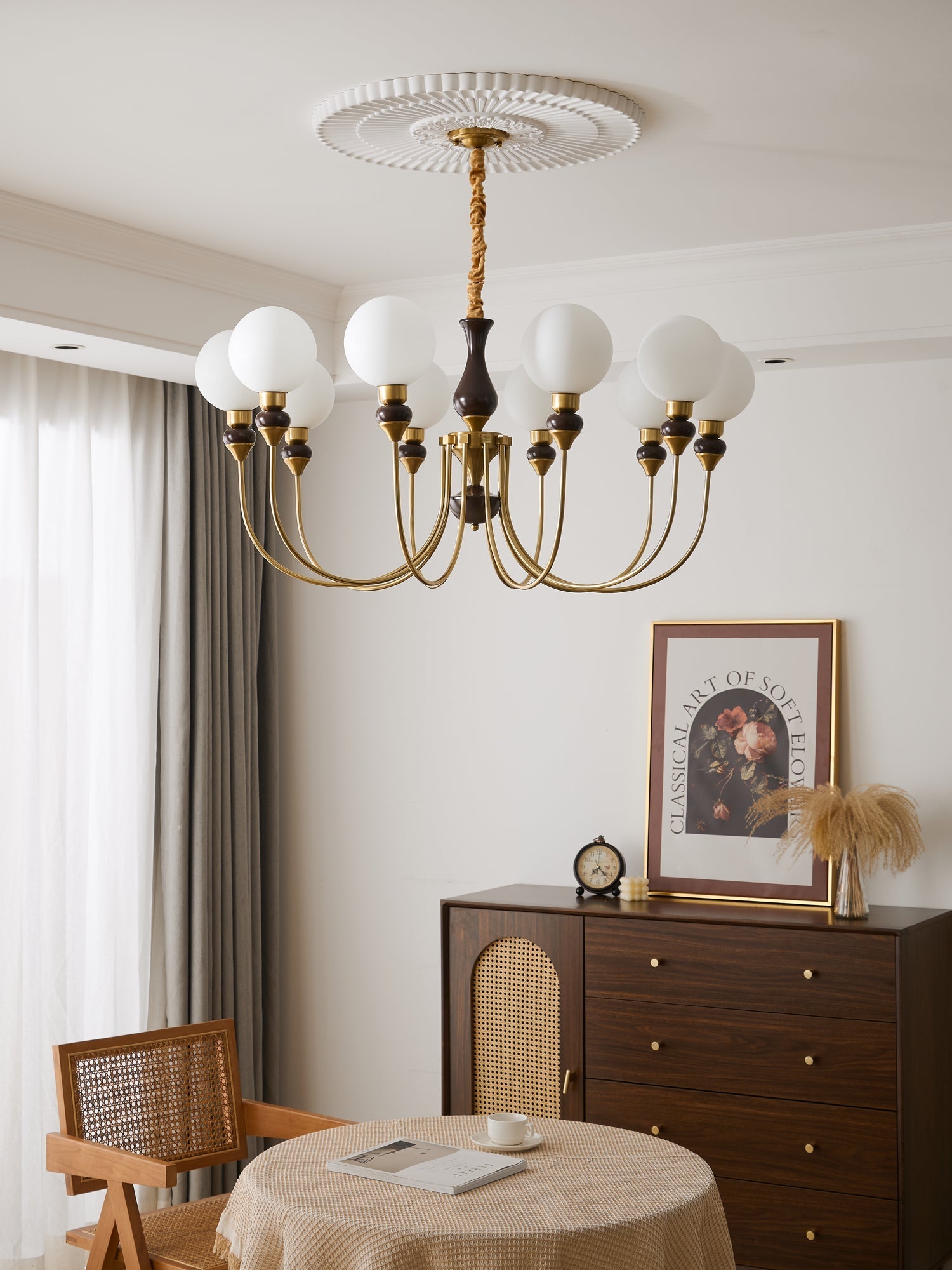 Eiruella Chandelier Brass Arms Frosted Glass Globes