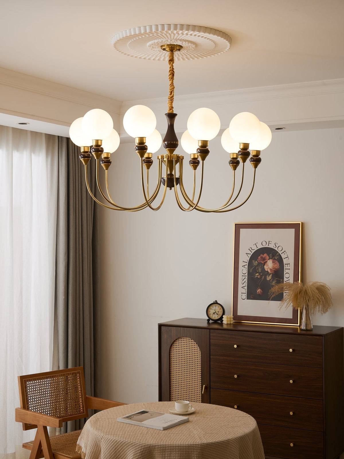 Eiruella Chandelier Brass Arms Frosted Glass Globes