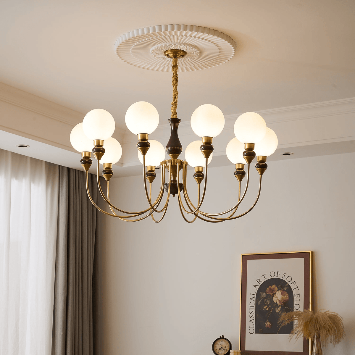 Eiruella Chandelier Brass Arms Frosted Glass Globes