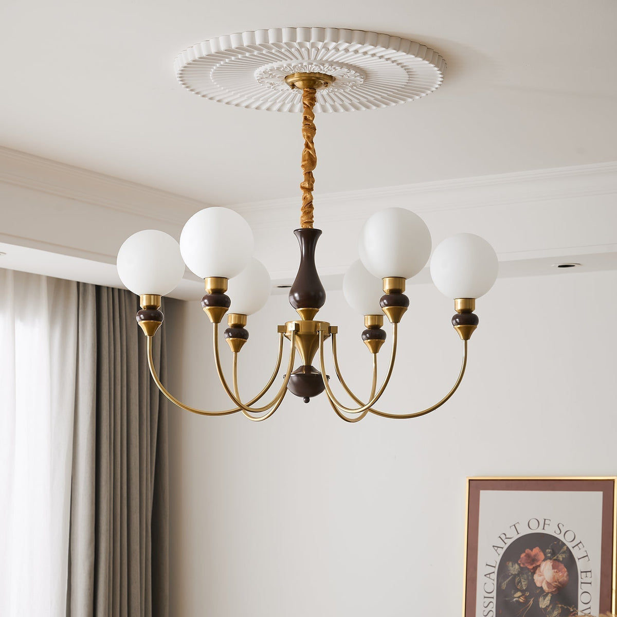 Eiruella Chandelier Brass Arms Frosted Glass Globes