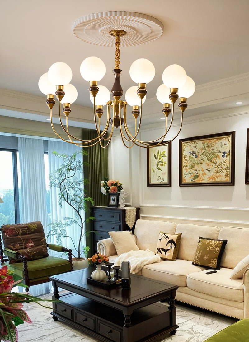 Eiruella Chandelier Brass Arms Frosted Glass Globes