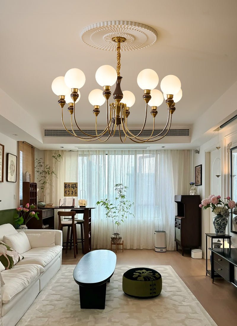 Eiruella Chandelier Brass Arms Frosted Glass Globes