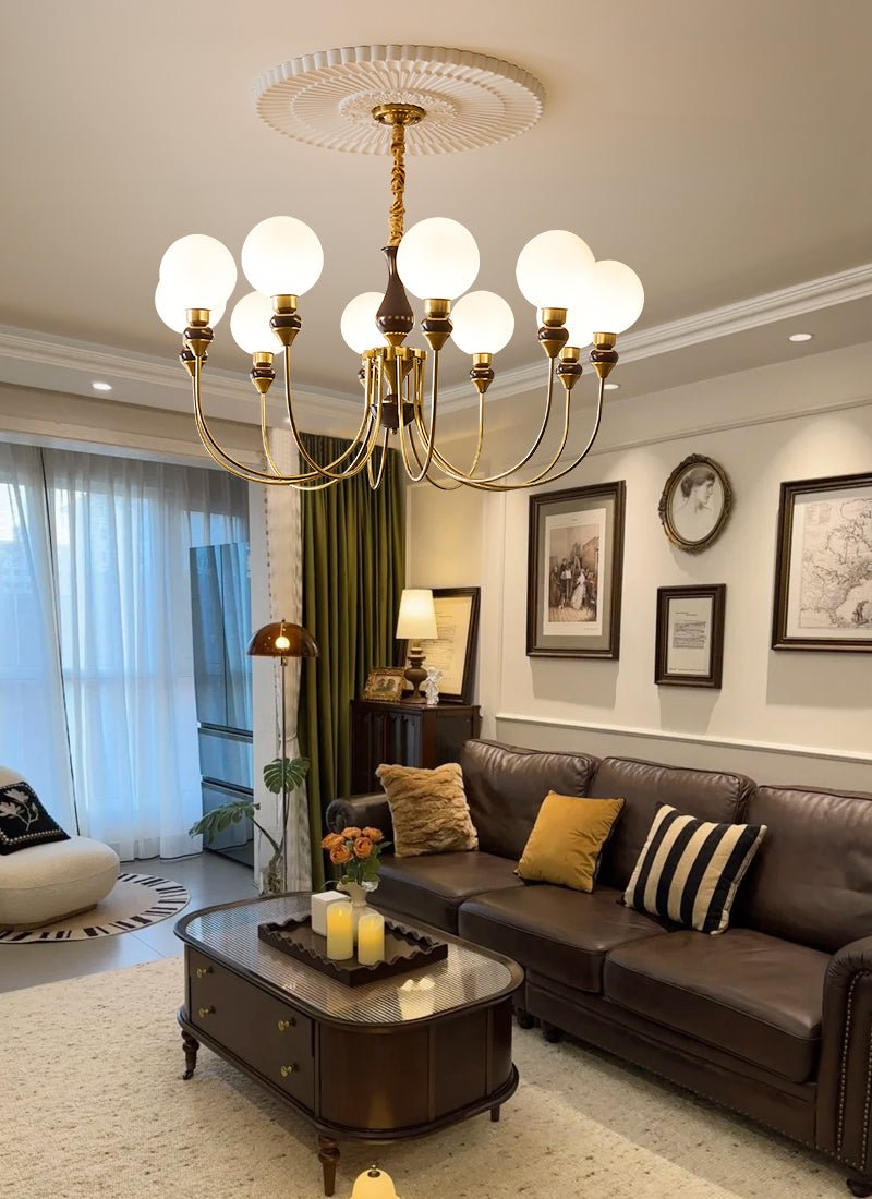 Eiruella Chandelier Brass Arms Frosted Glass Globes
