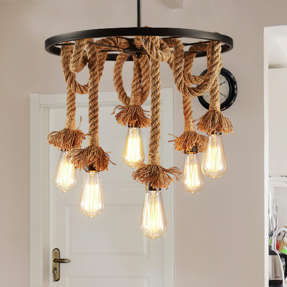 Soluaine Chandelier Hemp Rope Industrial Six Head