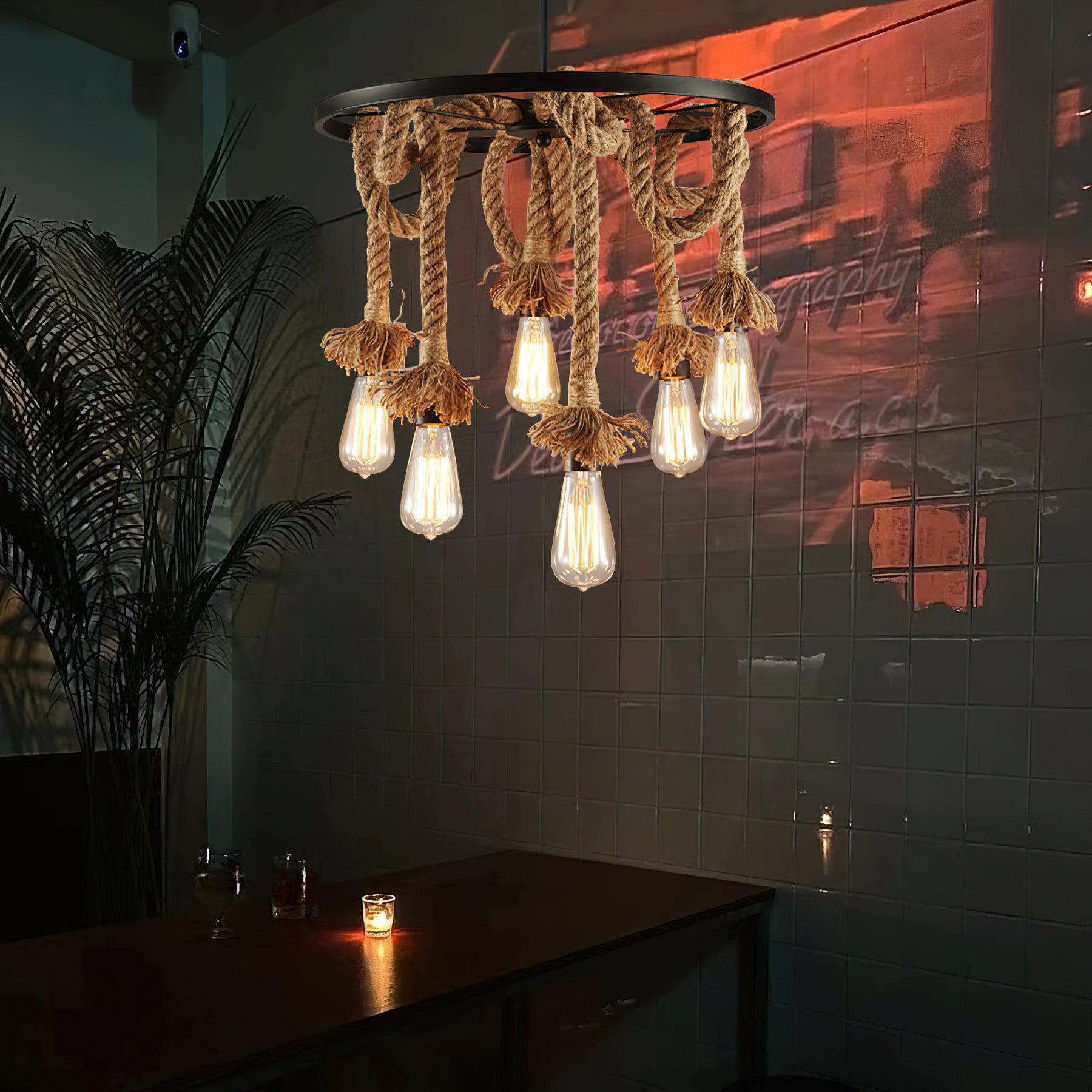 Soluaine Chandelier Hemp Rope Industrial Six Head