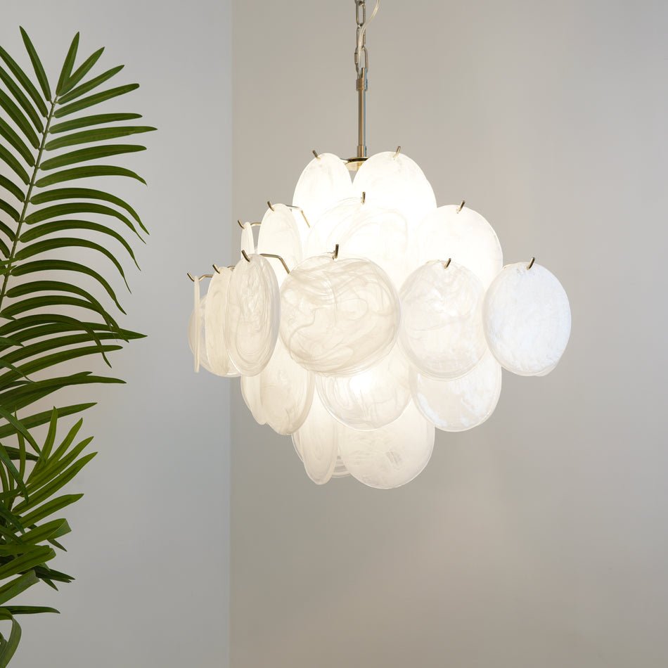Liorinelle Chandelier White Murano Glass Disc Cluster