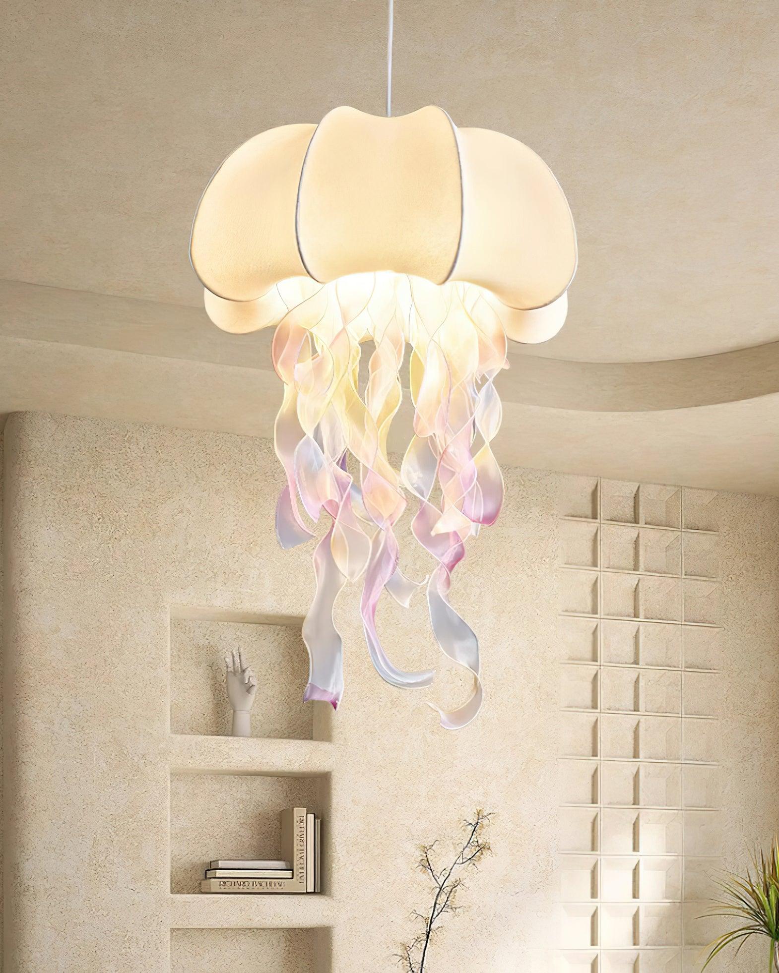Jellyfish Pendant Light with Iridescent Ribbons - Neutral Decor