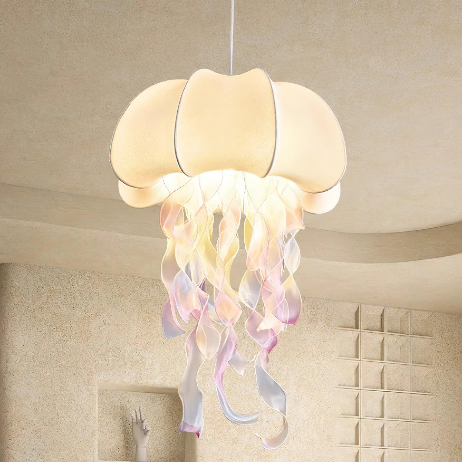 Jellyfish Pendant Light with Iridescent Ribbons - Neutral Decor