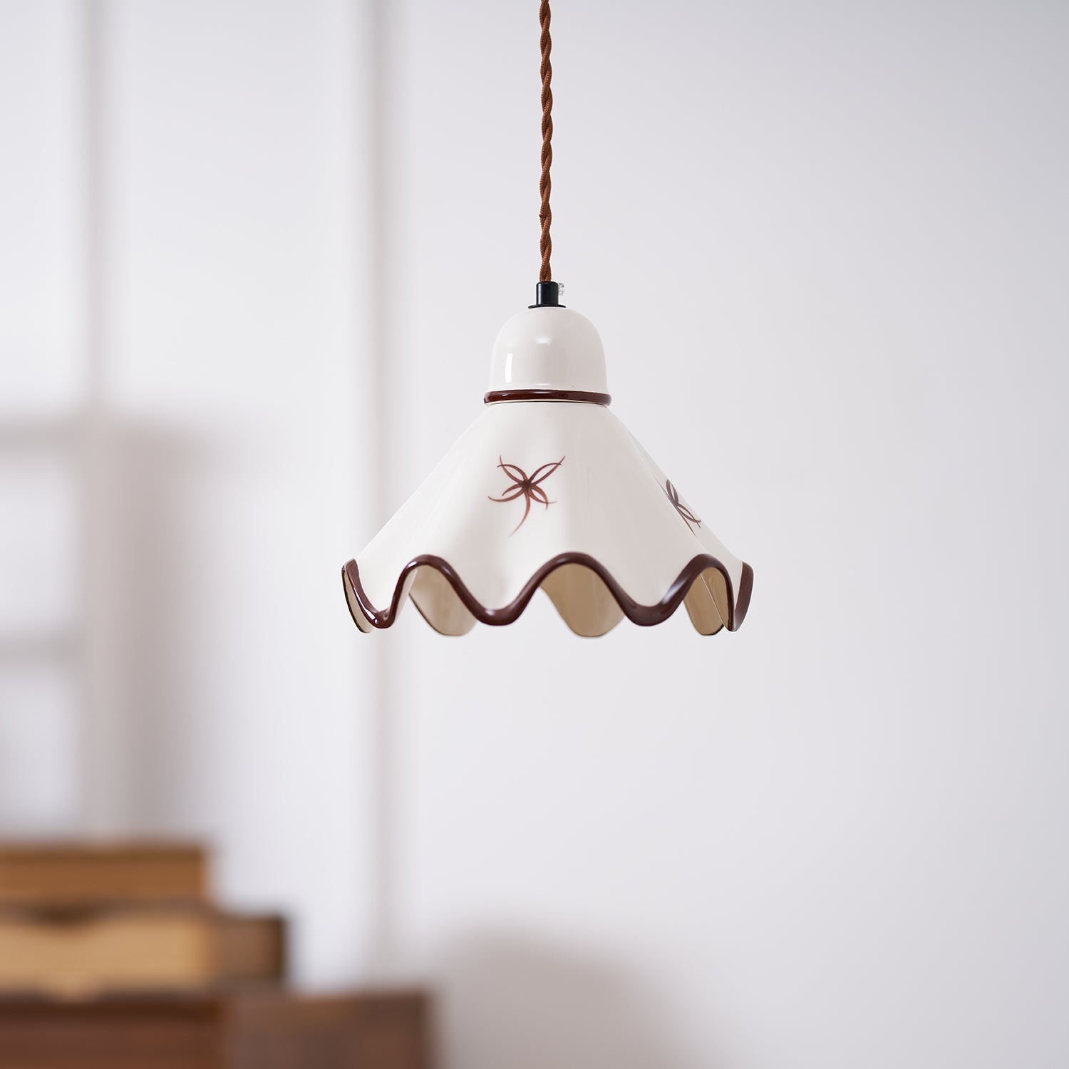 Pendant Lamp Ceramic Wavy Shade Rustic Brown Trim Retro Farmhouse - Neutral Decor