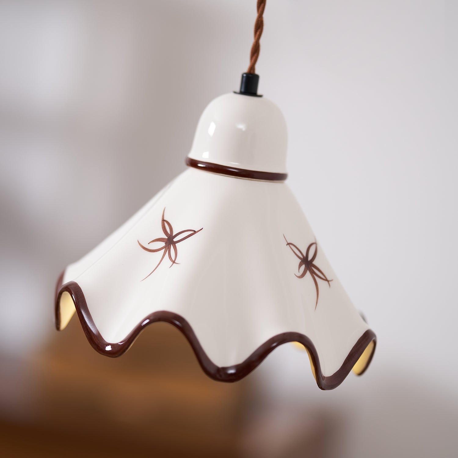 Pendant Lamp Ceramic Wavy Shade Rustic Brown Trim Retro Farmhouse - Neutral Decor