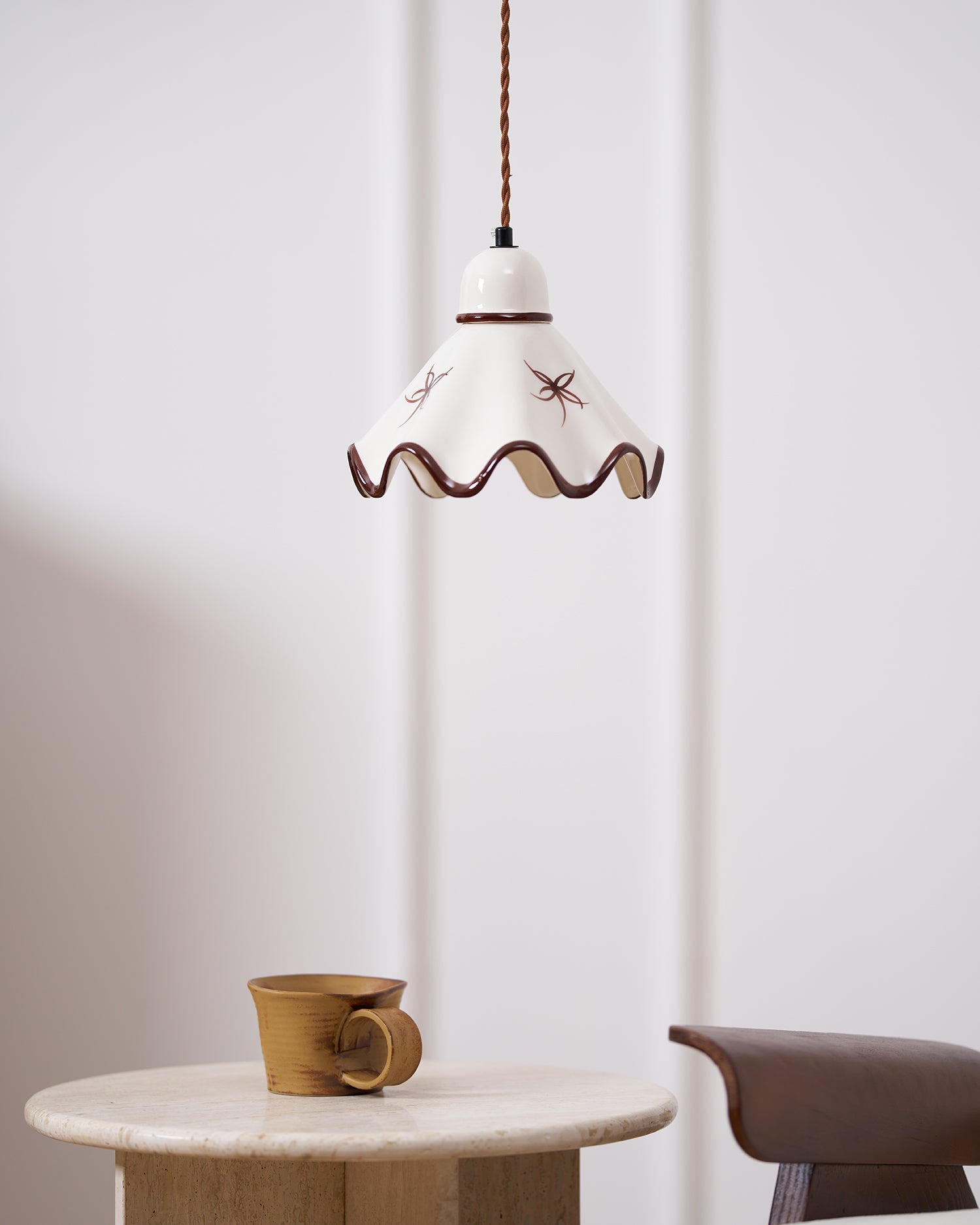 Pendant Lamp Ceramic Wavy Shade Rustic Brown Trim Retro Farmhouse - Neutral Decor