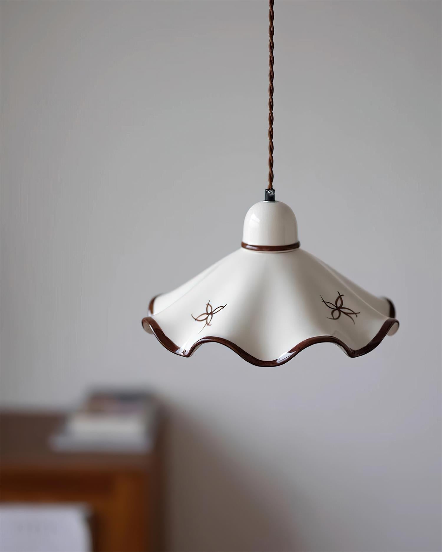 Pendant Lamp Ceramic Wavy Shade Rustic Brown Trim Retro Farmhouse - Neutral Decor