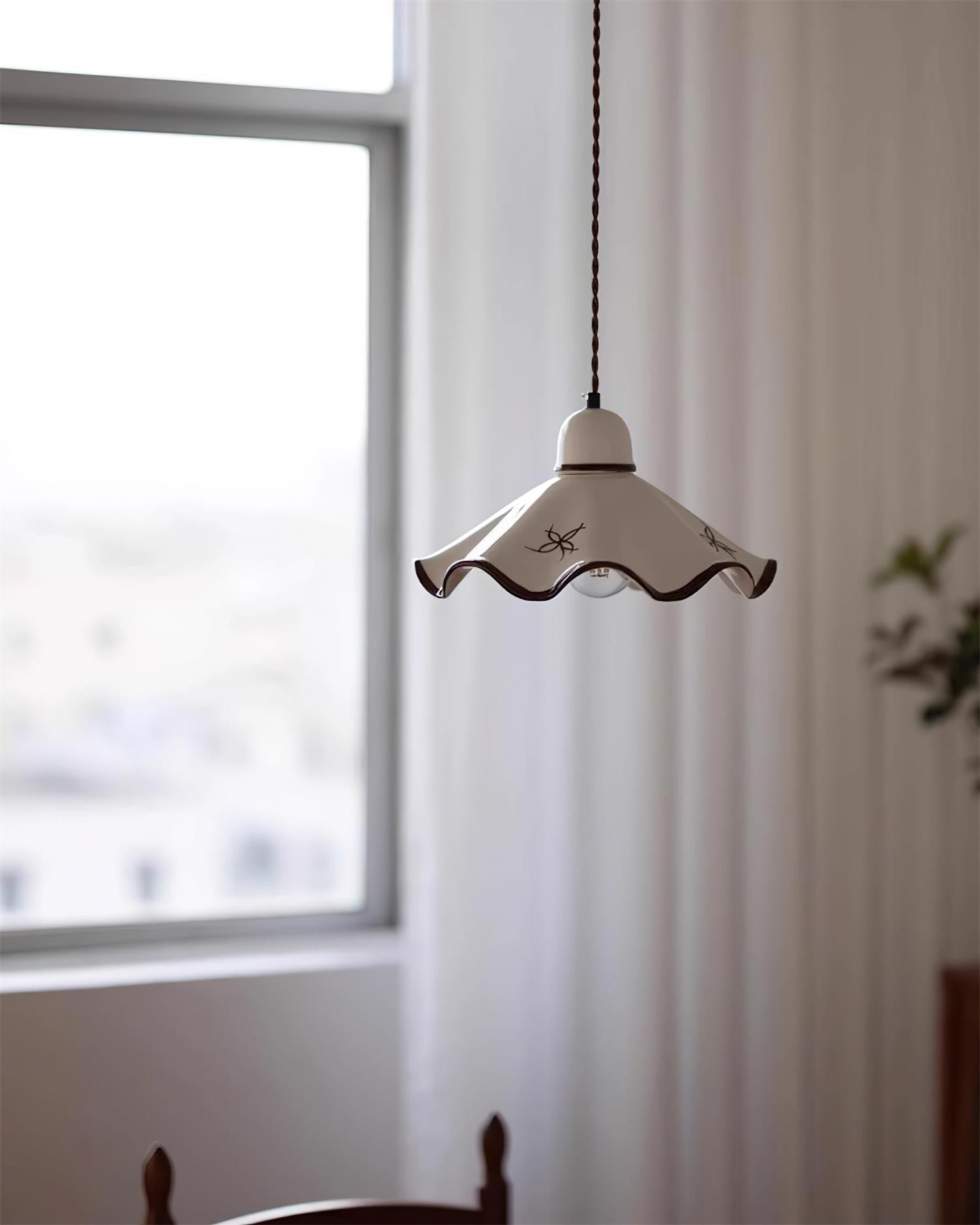 Pendant Lamp Ceramic Wavy Shade Rustic Brown Trim Retro Farmhouse - Neutral Decor