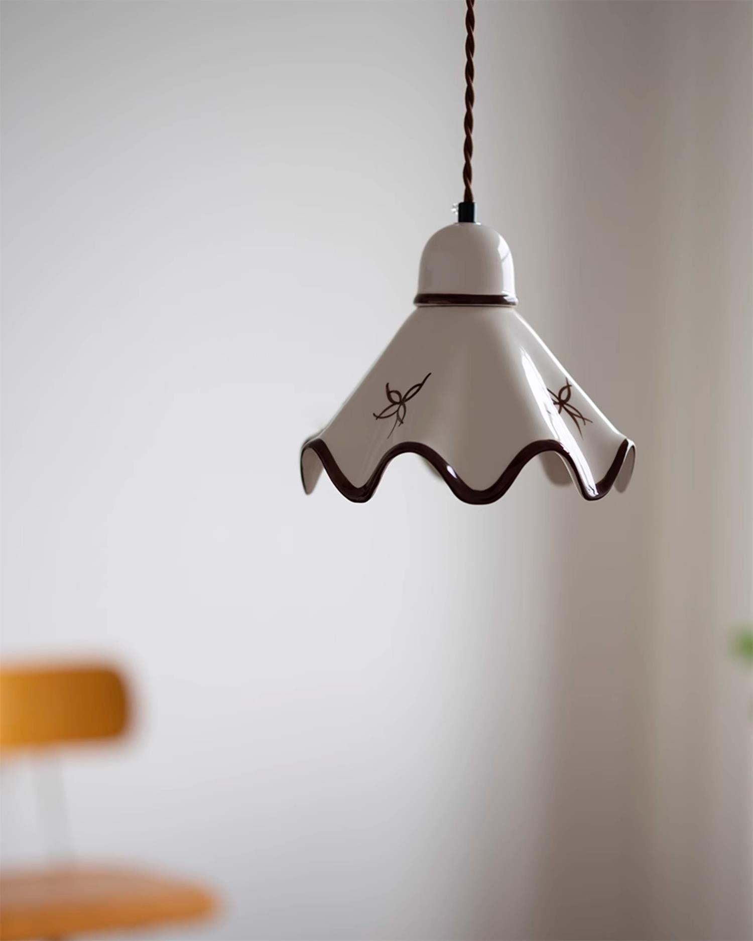 Pendant Lamp Ceramic Wavy Shade Rustic Brown Trim Retro Farmhouse - Neutral Decor