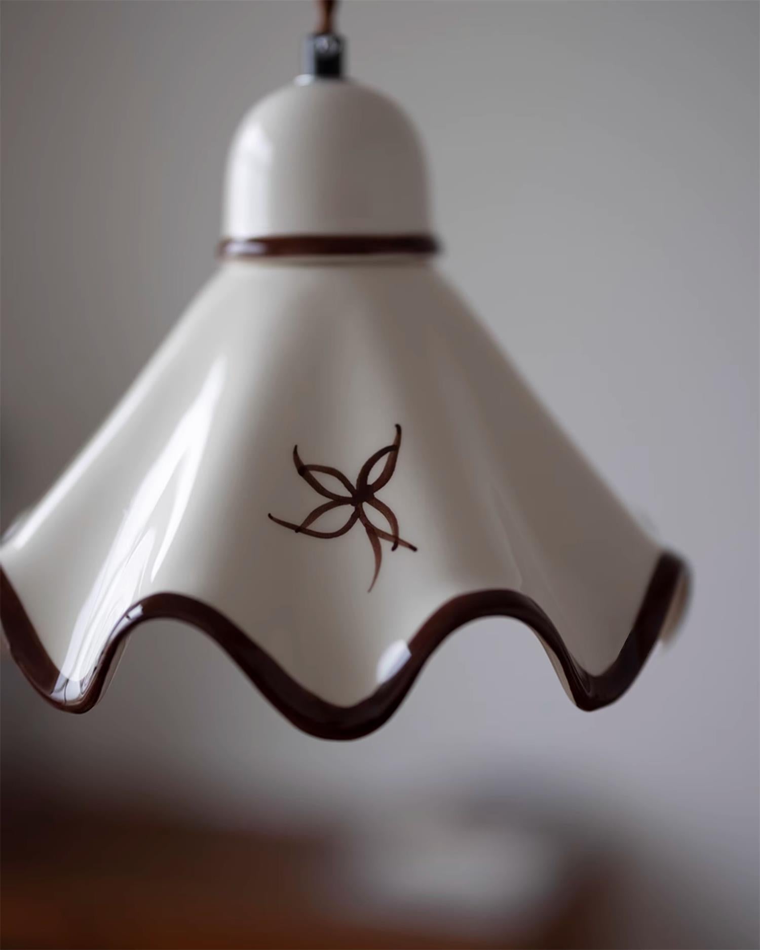 Pendant Lamp Ceramic Wavy Shade Rustic Brown Trim Retro Farmhouse - Neutral Decor