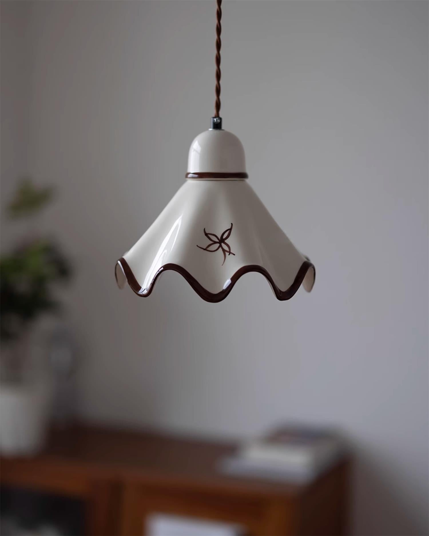 Pendant Lamp Ceramic Wavy Shade Rustic Brown Trim Retro Farmhouse - Neutral Decor
