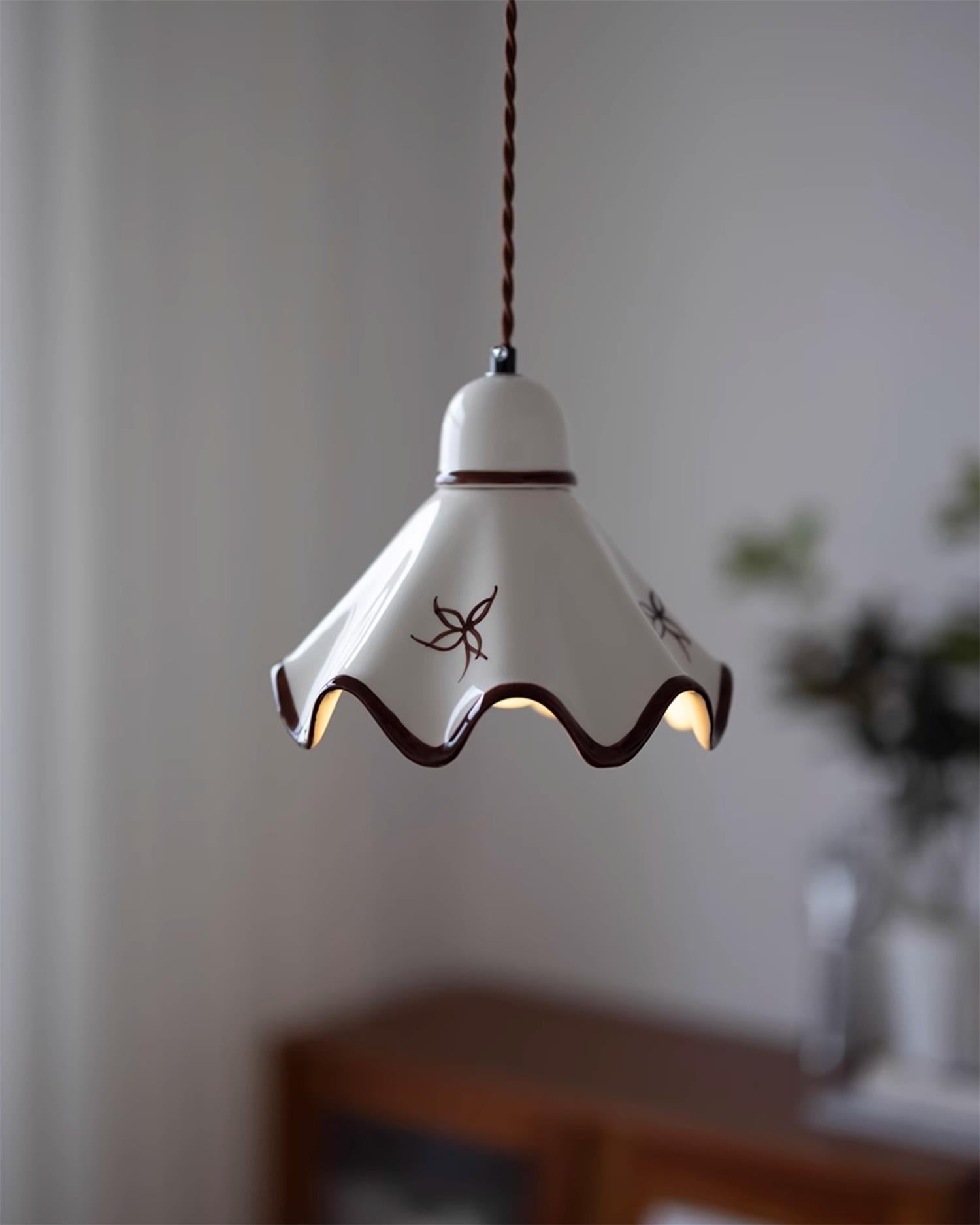 Pendant Lamp Ceramic Wavy Shade Rustic Brown Trim Retro Farmhouse - Neutral Decor