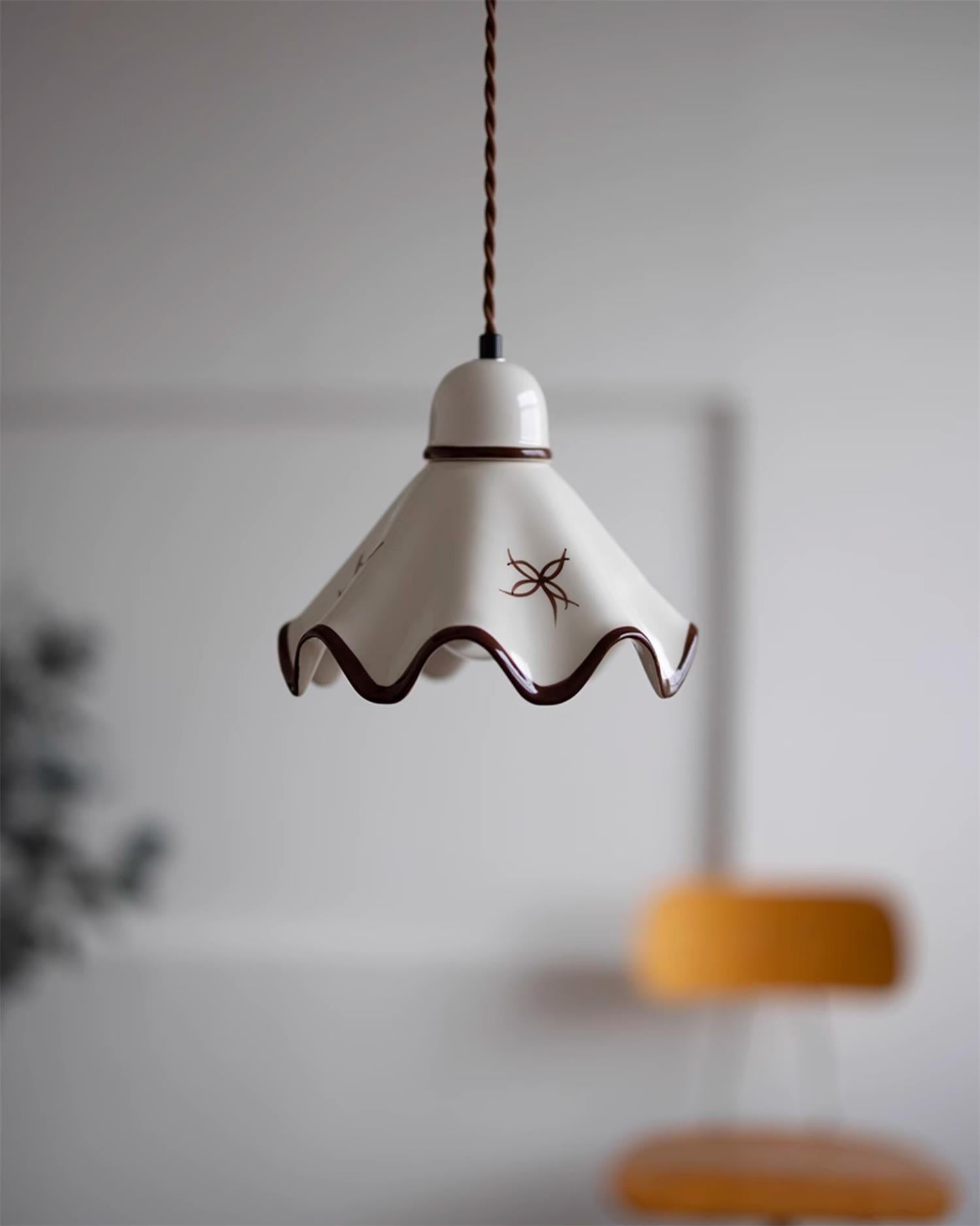Pendant Lamp Ceramic Wavy Shade Rustic Brown Trim Retro Farmhouse - Neutral Decor