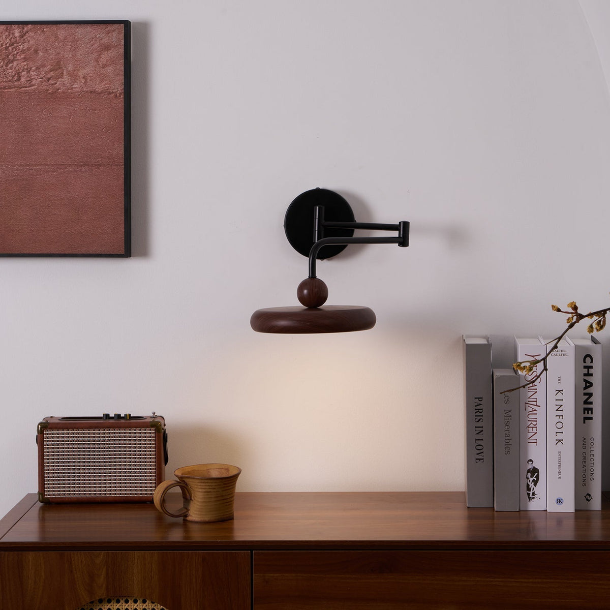 Kenshika Wooden Disc Black Wall Light