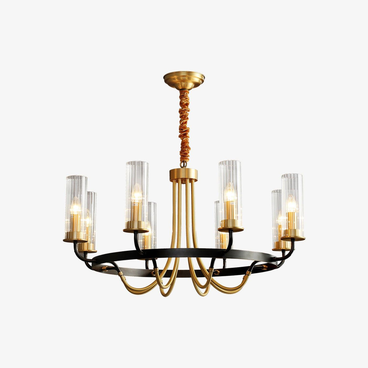 Chandelier Black Round Frame Brass Arms Ribbed Glass