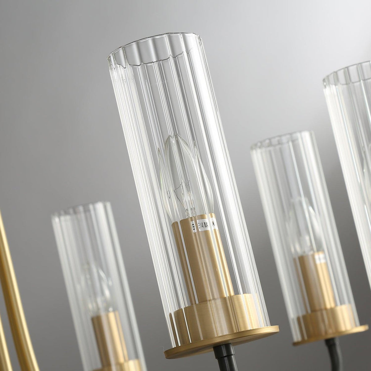 Chandelier Black Round Frame Brass Arms Ribbed Glass