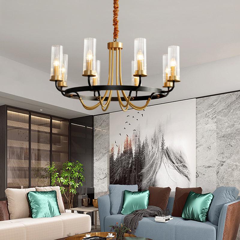 Chandelier Black Round Frame Brass Arms Ribbed Glass