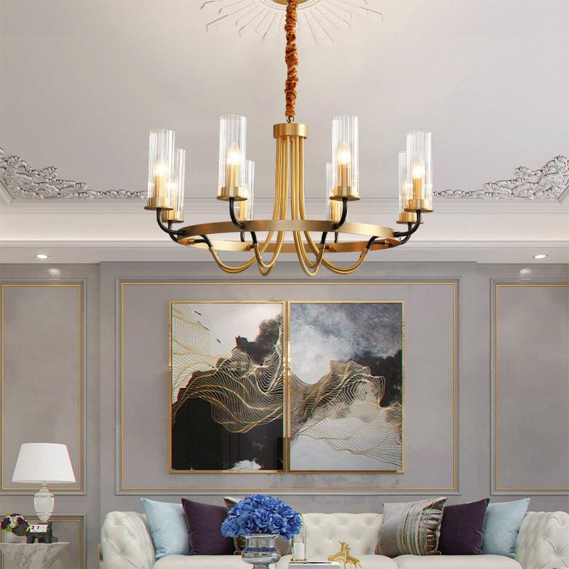 Chandelier Black Round Frame Brass Arms Ribbed Glass