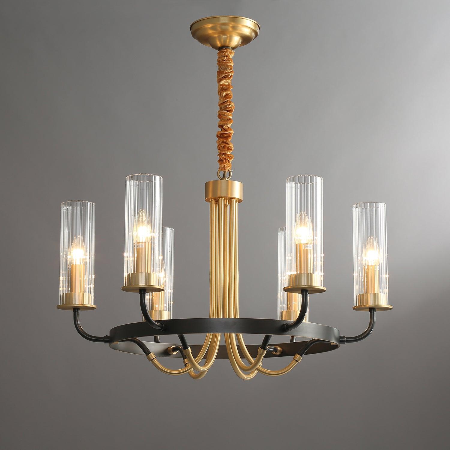 Chandelier Black Round Frame Brass Arms Ribbed Glass