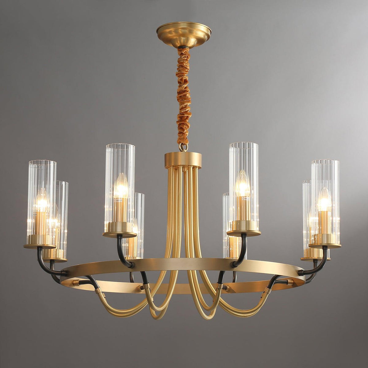 Chandelier Black Round Frame Brass Arms Ribbed Glass