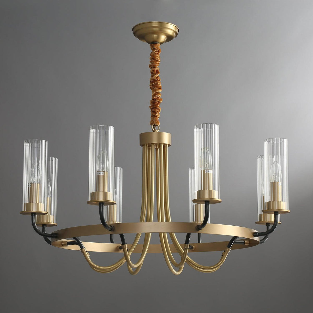 Chandelier Black Round Frame Brass Arms Ribbed Glass