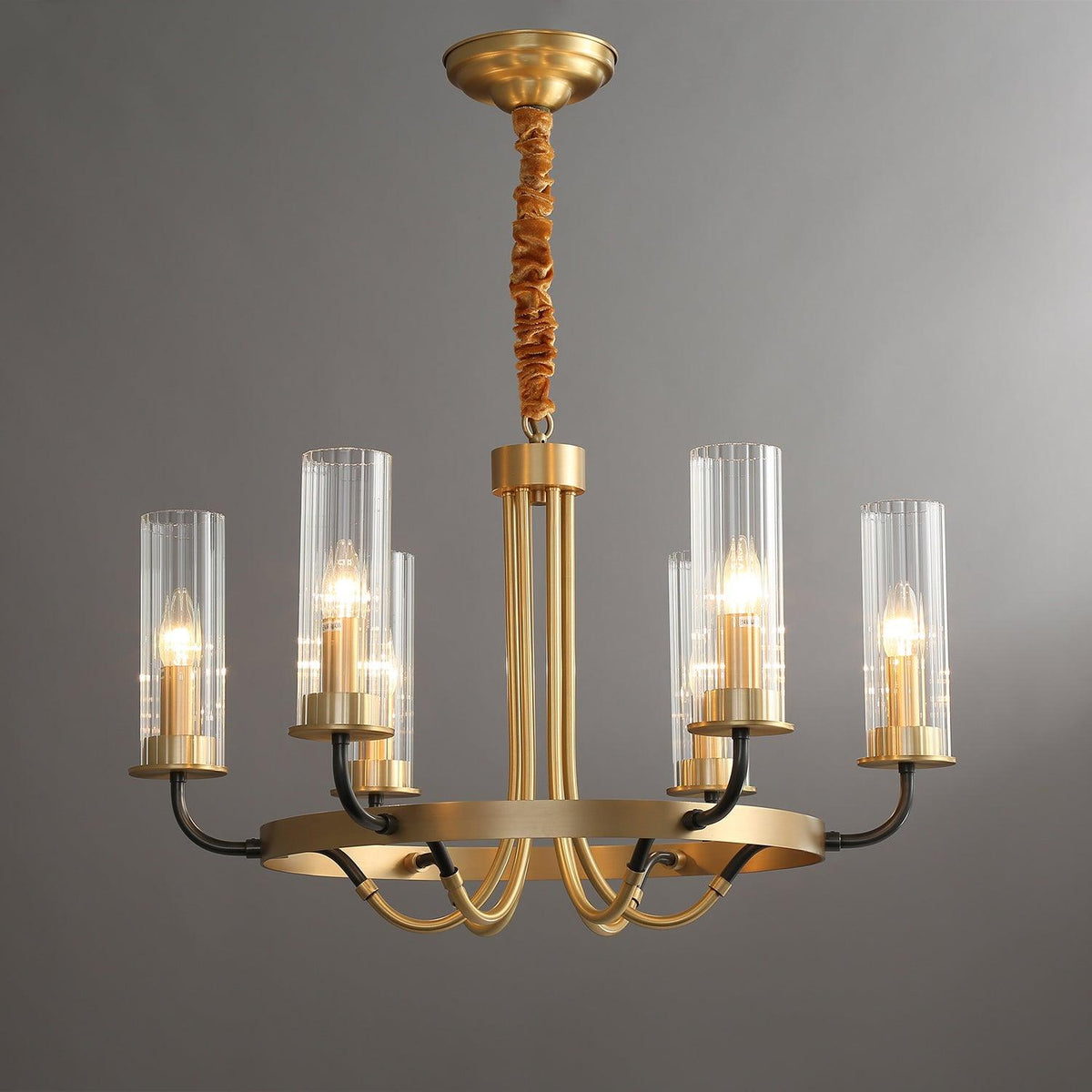 Chandelier Black Round Frame Brass Arms Ribbed Glass