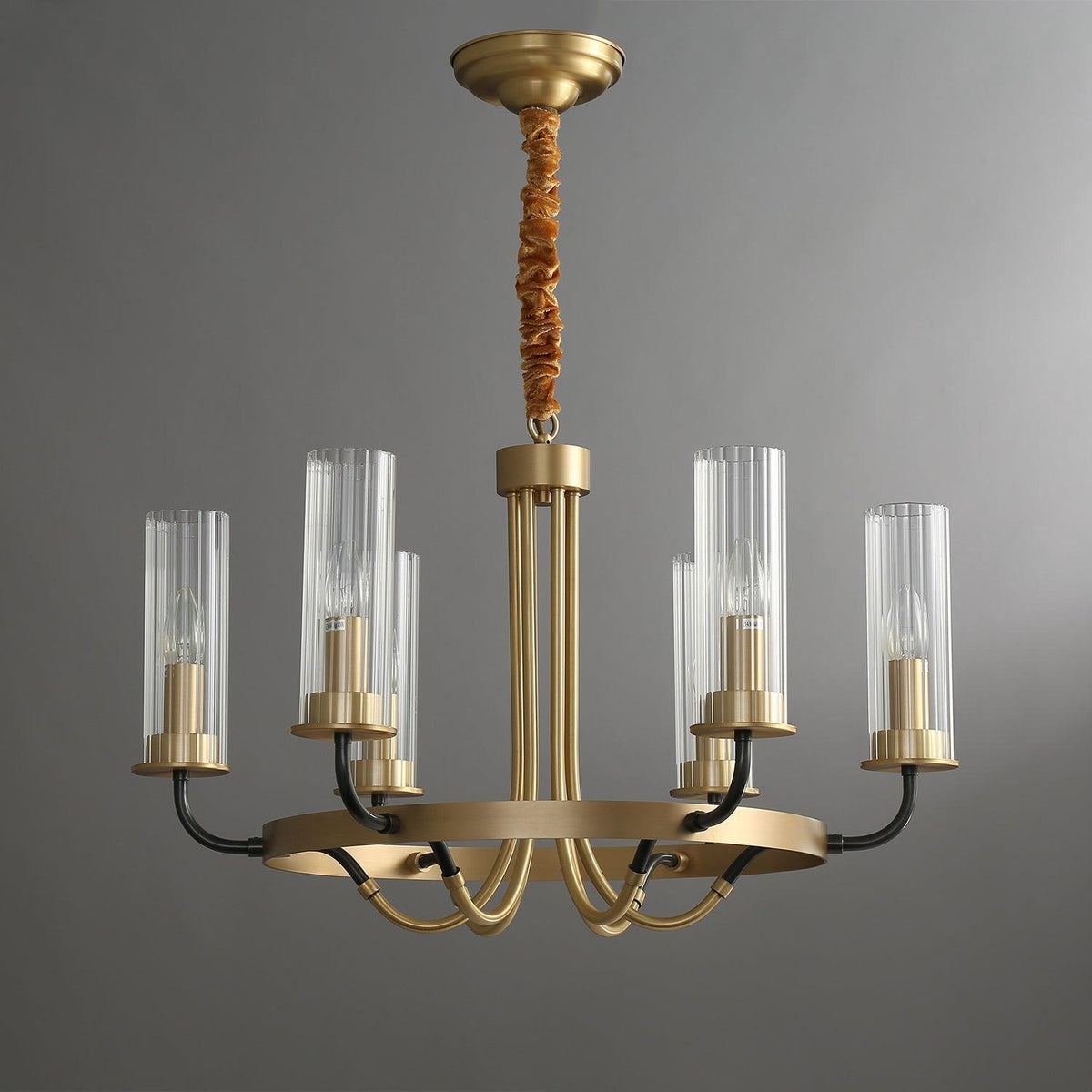 Chandelier Black Round Frame Brass Arms Ribbed Glass