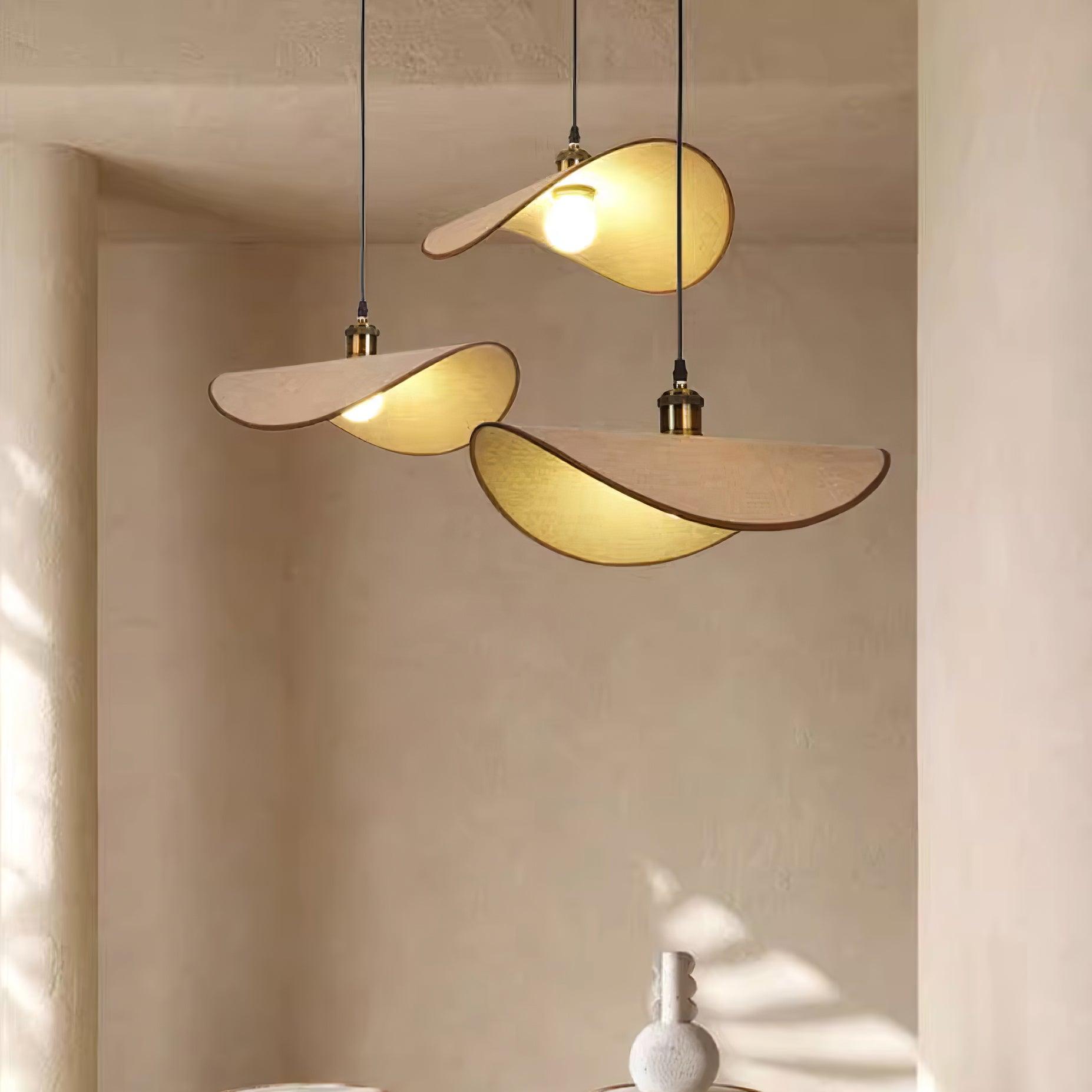 Pendant Lamp Linen Fabric Shade Wood Organic Sculptural - Neutral Decor