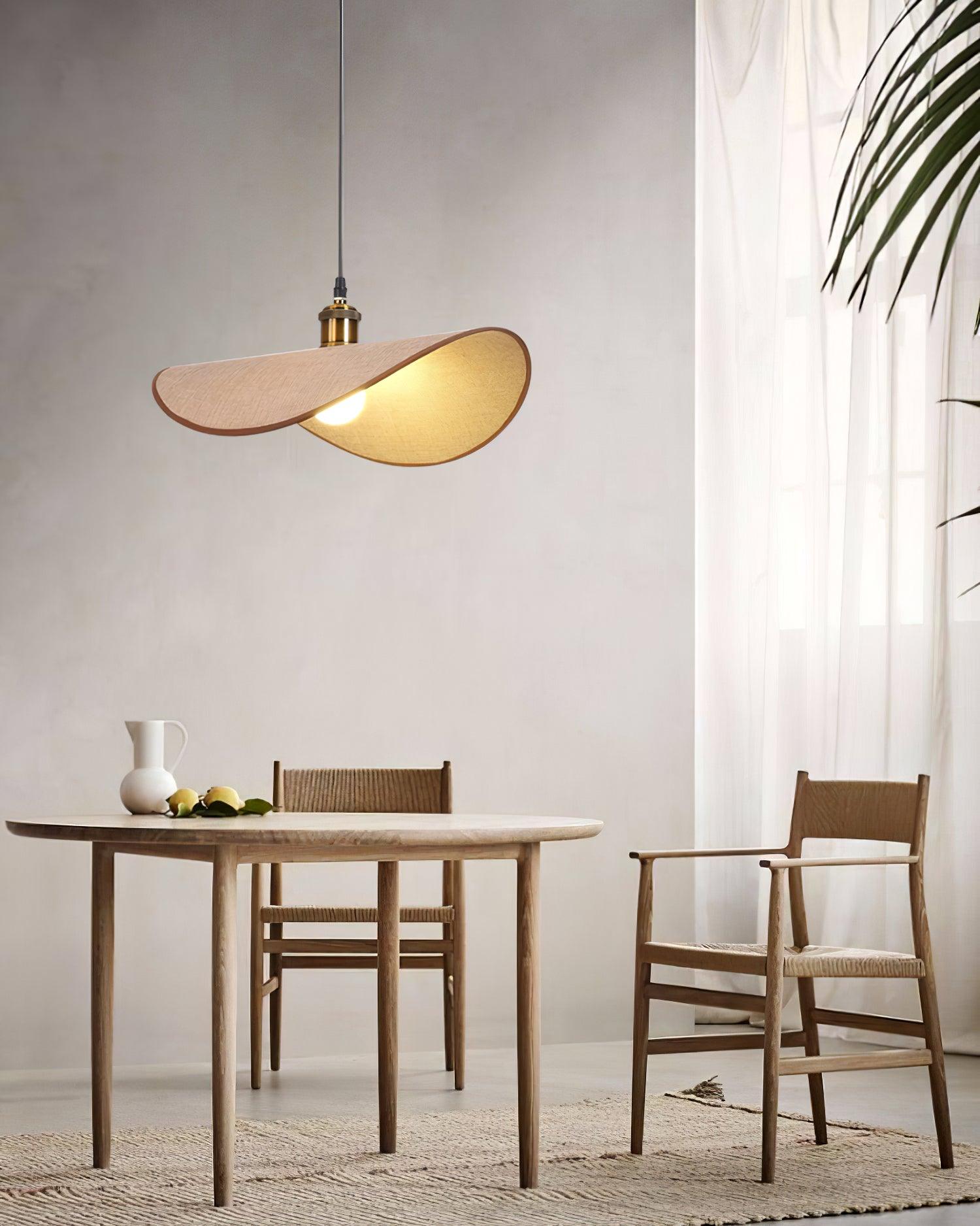 Pendant Lamp Linen Fabric Shade Wood Organic Sculptural - Neutral Decor