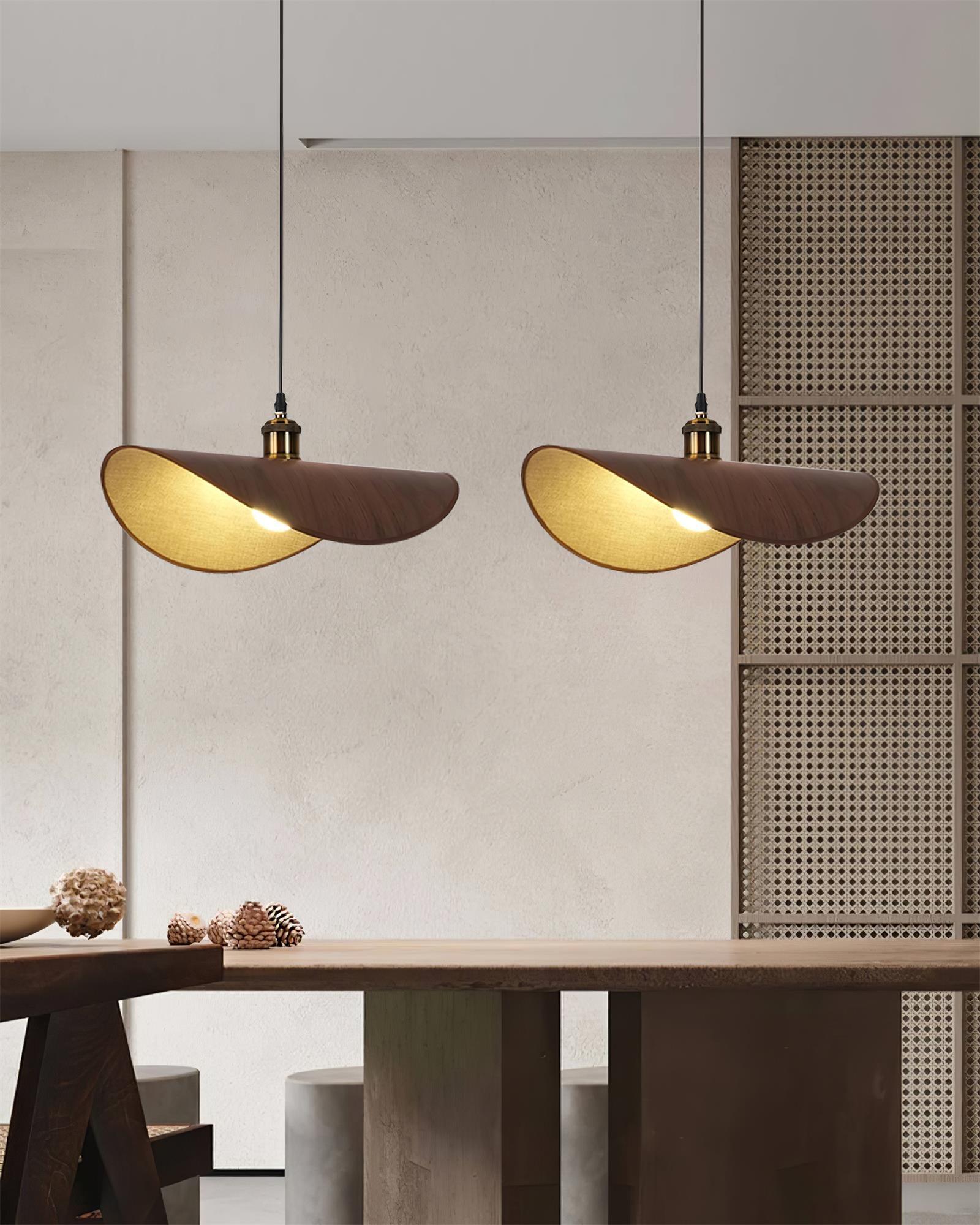 Pendant Lamp Linen Fabric Shade Wood Organic Sculptural - Neutral Decor