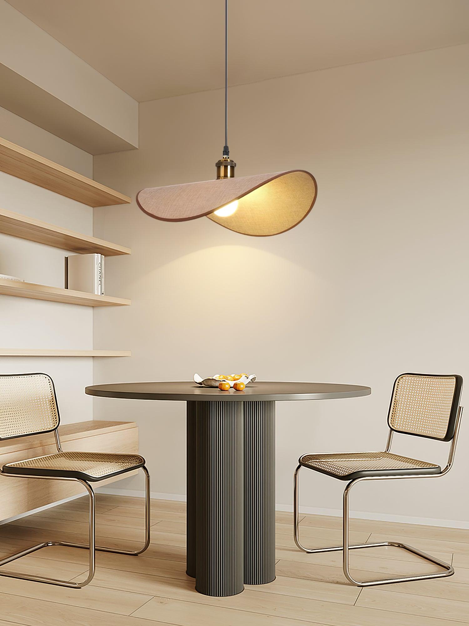 Pendant Lamp Linen Fabric Shade Wood Organic Sculptural - Neutral Decor