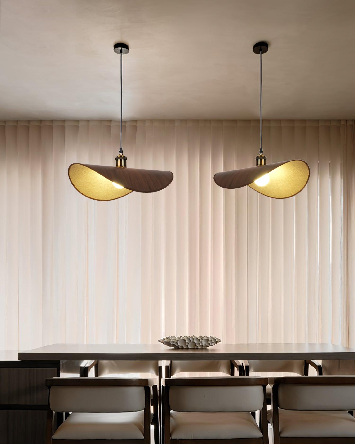 Pendant Lamp Linen Fabric Shade Wood Organic Sculptural - Neutral Decor
