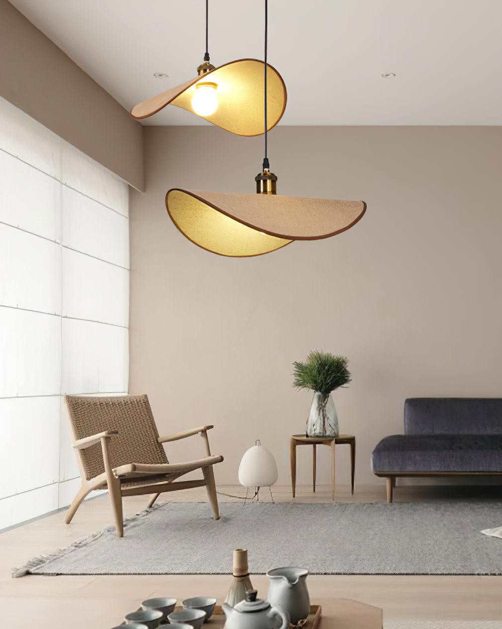 Pendant Lamp Linen Fabric Shade Wood Organic Sculptural - Neutral Decor