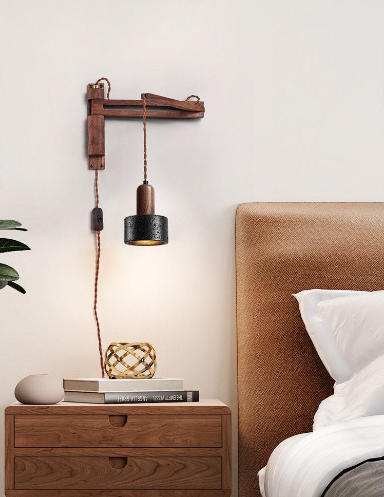 Nulso Adjustable Plug-In Black Travertine Wood Wall Lamp